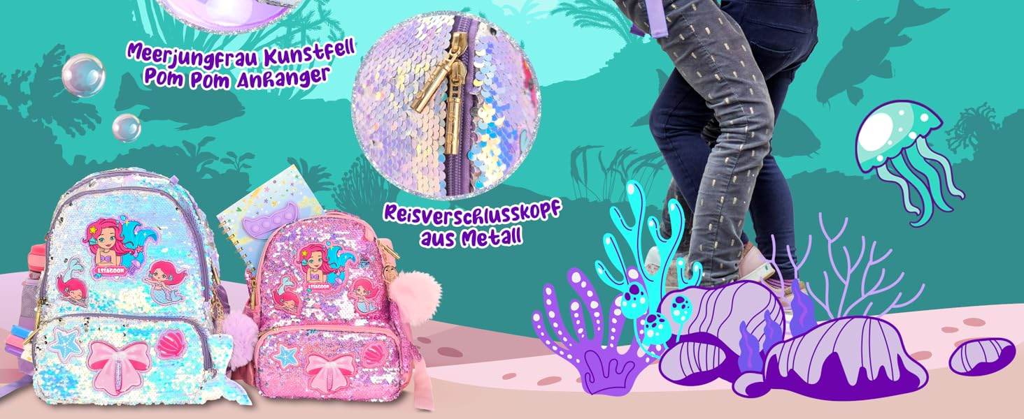 Дитячий рюкзак Єдиноріг для дівчаток з паєтками, персоналізований рюкзак Каваї для школи та садочка, подарунок на день народження або Різдво (Морська хвиля, 40 см)