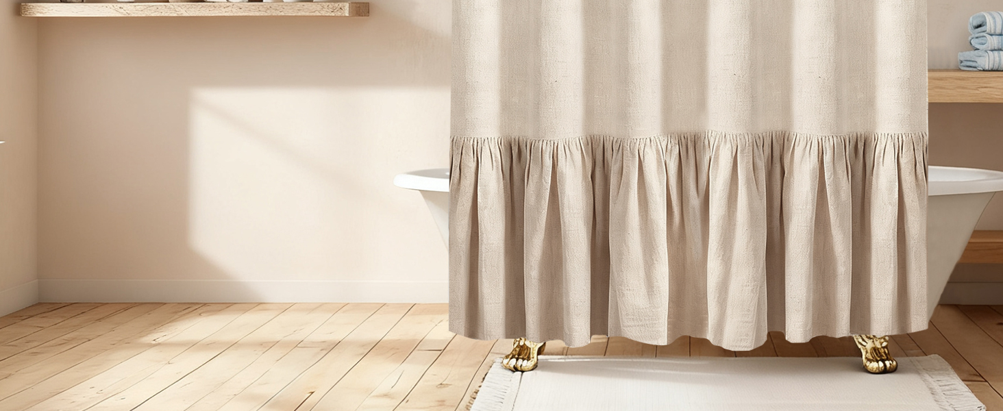 Штора для душу 180x180 см Бежева, Льняна текстура - Водонепроникна, з обтяженим краєм, 12 кілець, для ванної кімнати