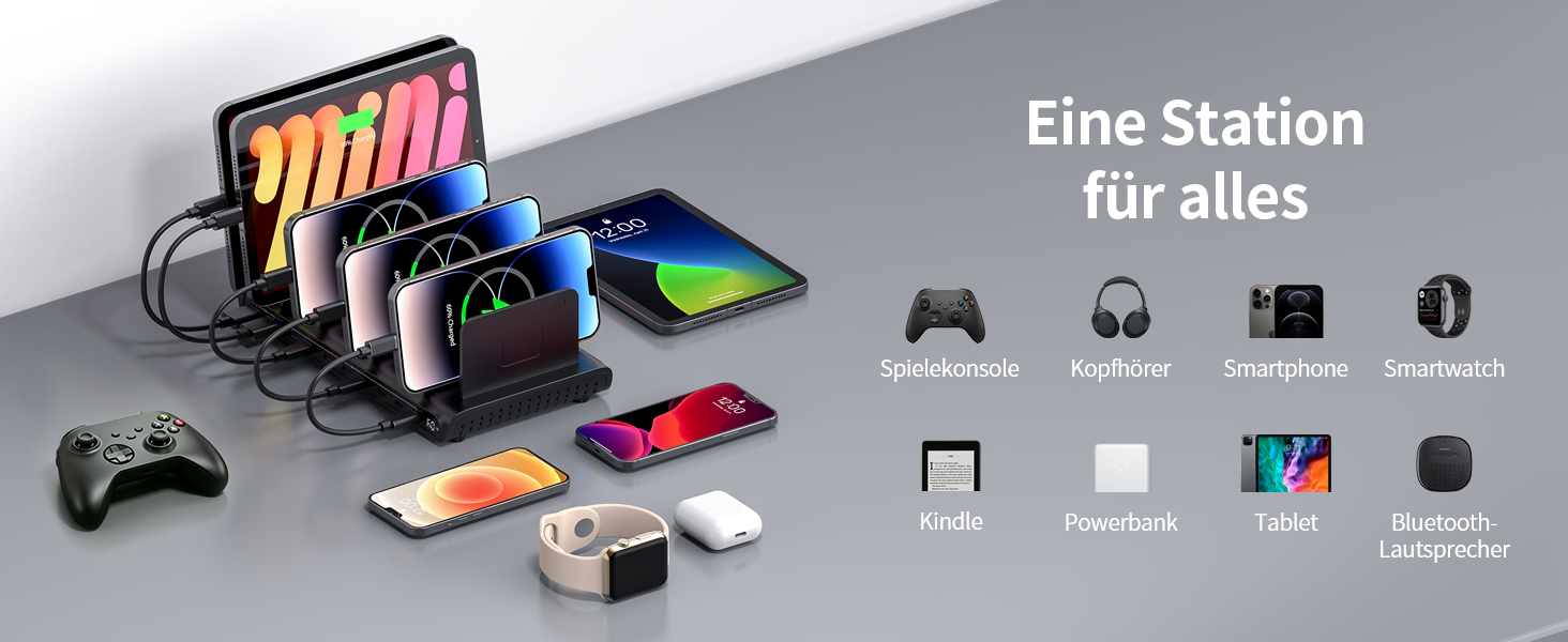 Зарядний пристрій Alxum 60W USB багатопортовий на 10 портів (8 USB-C + 2 USB-A) для телефонів, планшетів, Kindle – чорний