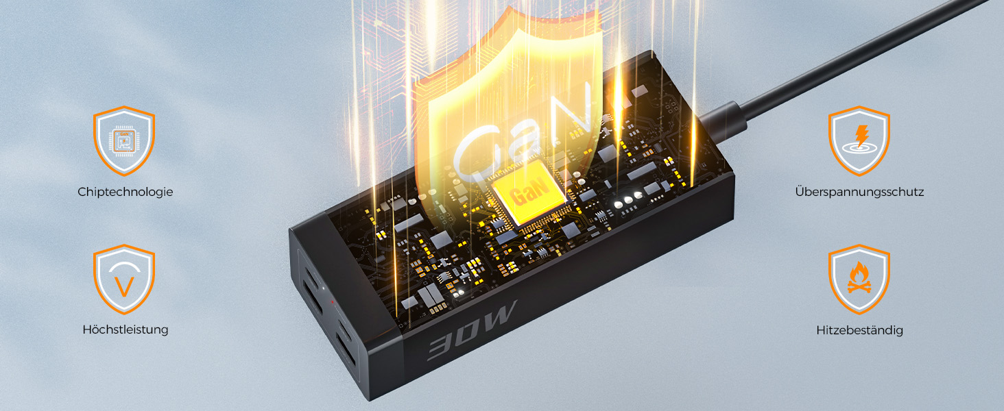 Мережевий фільтр TESSAN 30W USB-C з GaN, 2 розетки, кабель 2м, захист від перенапруги 3600W, чорний