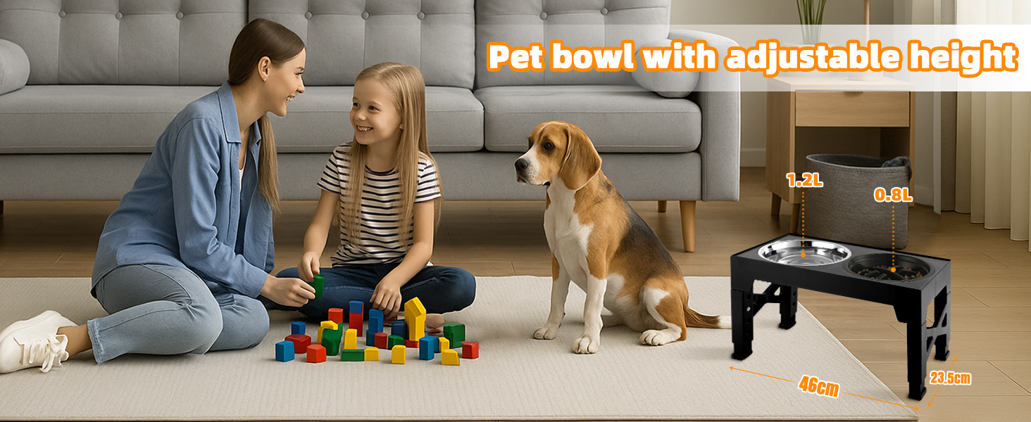 Підвищена годівниця для собак, регульована висота, великі породи - 2 x миска з нержавіючої сталі (1200 мл) + 1 x повільна годівниця (800 мл) - антиковзна станція для годування середніх/великих собак, чорний/сірий колір