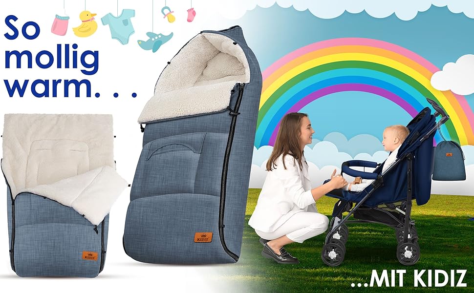 Kidiz® Baby Footmuff Baby Footmuff Winter Footmuff Car Seat with Zipper Snuggle Sack Baby Blanket Stroller Washable, Lockable Headrest, Pocket, Suitable for All Strollers, Jeans Grey