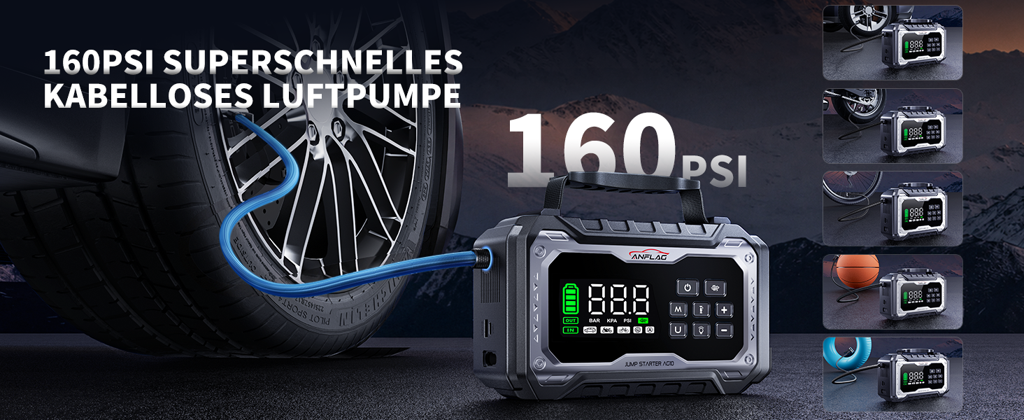 Пусковий пристрій (бустер) для авто 8000A з компресором 160 PSI та повітродувкою, Powerbank, чорний