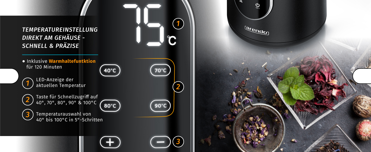 Електричний чайник Arendo з регулюванням температури, нержавіюча сталь, подвійні стінки Cool Touch, дисплей, бездротовий, 2200 Вт, 1,7 л, захист від перегріву, функція підтримання тепла, чорний