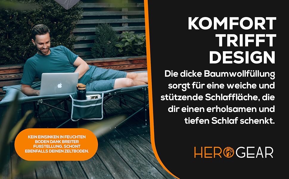 Розкладне ліжко HEROGEAR з бавовняною подушкою та матрацом | Гостьове, кемпінгове, пляжне ліжко для дорослих | 190 x 67 см, сірий камінь