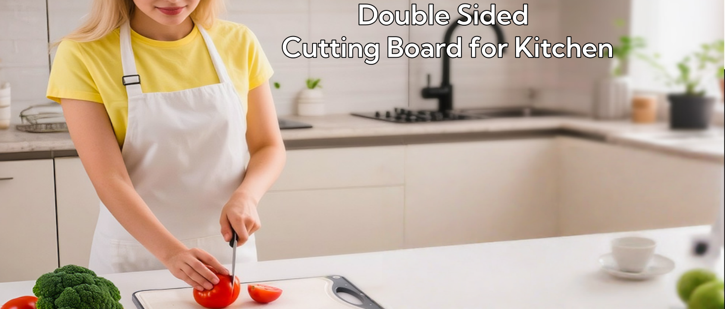 Двостороння обробна дошка для кухні з нержавіючої сталі 304 та пшеничного волокна, для м'яса, овочів, фруктів, з ручкою та антиковзким покриттям