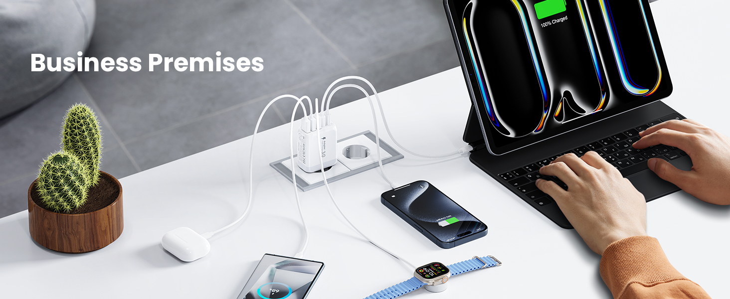 Мережевий зарядний пристрій USB-C з 5 портами, швидка зарядка, білий. Заряджає iPhone, Samsung Galaxy, Google Pixel та інші пристрої.