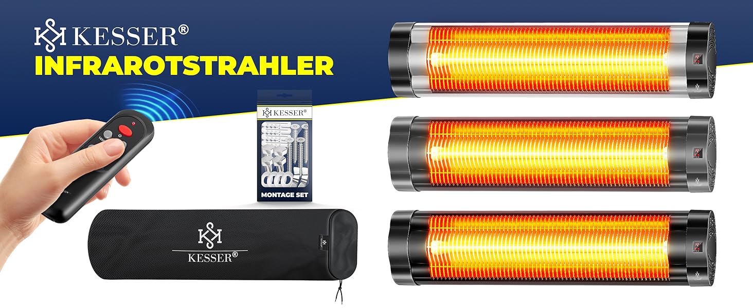 Інфрачервовий обігрівач KESSER® 2500W з пультом керування, 3 режими, миттєвий нагрів, кріплення на стіну, для тераси, кварцовий, з захисним чохлом, таймер, антрацит