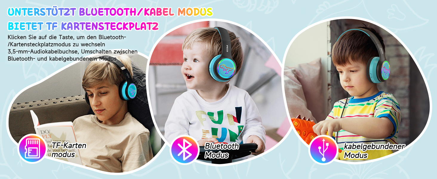 Дротові навушники IFecco для дітей з мікрофоном, Bluetooth, LED-підсвітка, чохол, колір чорний/синій