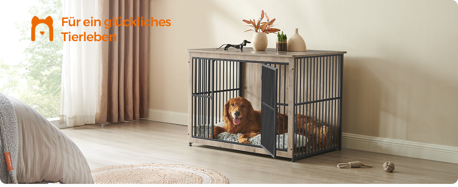 Клітка для собак Feandrea XL, меблева, з журнальним столиком, для собак до 37 кг, міцна, закритий дно, 2 двері, сірий меланж (110 x 76 x 82 см)