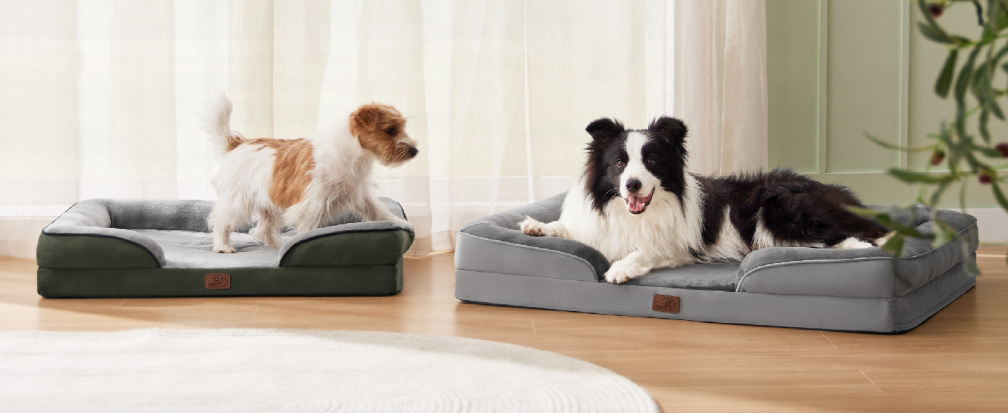 Ортопедичне ліжко для собак BEDSURE - 89x63 см. Зручне ліжко-софа для собак середніх порід, з ергономним наповнювачем, сірого кольору. Легко миється, не ковзає. Розміри: 89 x 63 x 17 см.