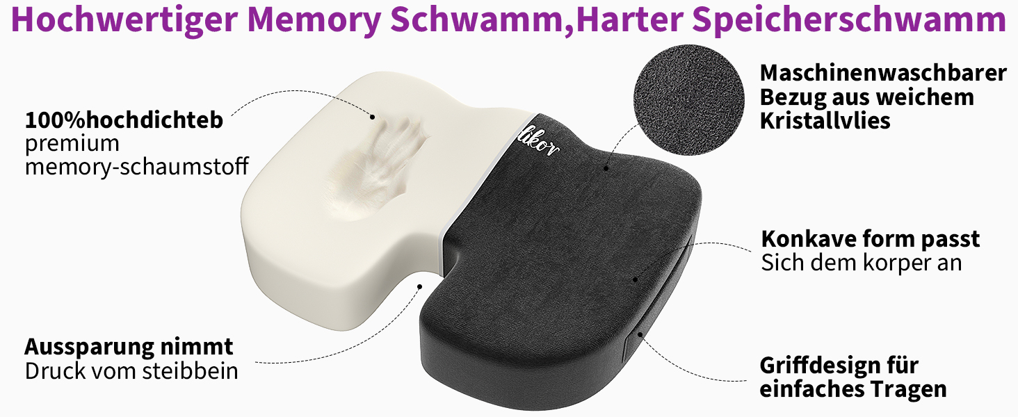 Ортопедична подушка для сидіння Radikor: для офісного крісла, авто, зі стегон, з Memory Foam, протиковзаюча, чорна