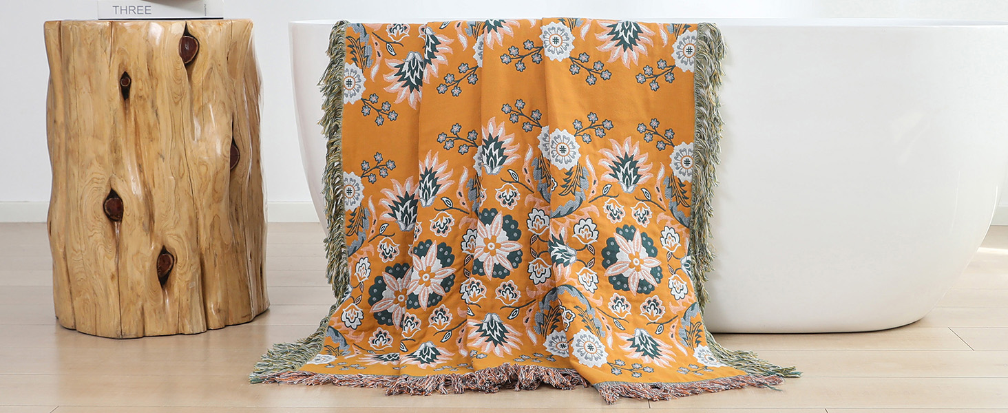 Покривало HOORDRY Boho для ліжка та дивана, бавовняна двостороння ковдра 150×200 см з китицями, жовто-зелене, для спальні та вітальні