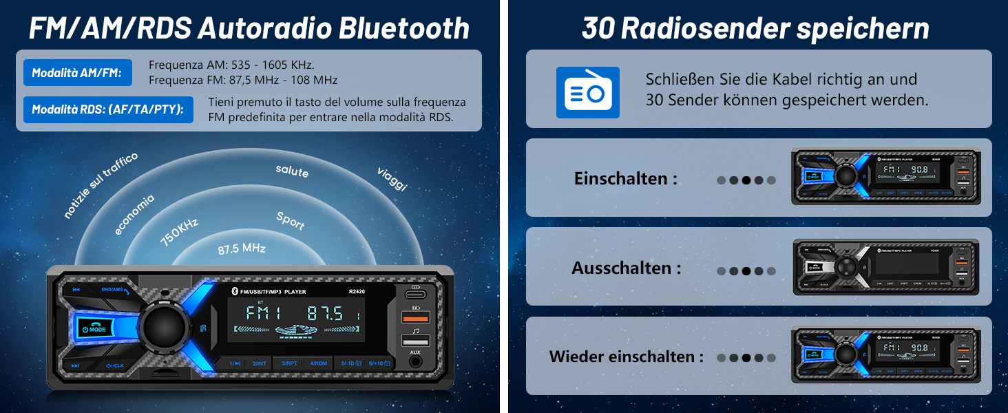 Автомагнітола Wistrue 1DIN з Bluetooth, FM/AM, USB/SD, AUX, MP3, Type-C, чорна