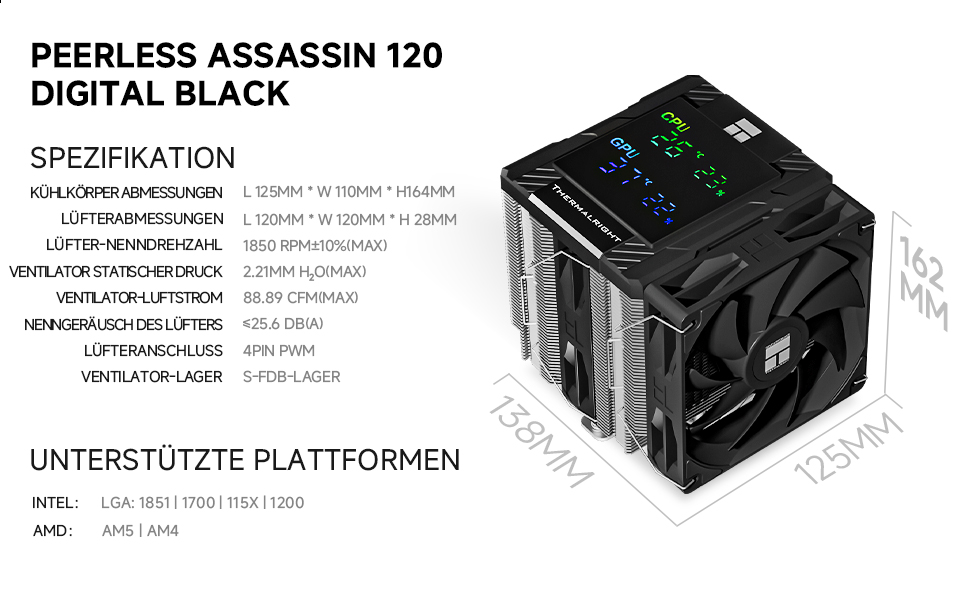 Кулер для процесора Thermalright Peerless Assassin 120 Digital Black з цифровим дисплеєм, 6 теплових трубок, сумісність з AM4/AM5, Intel LGA1700/1851/1200, чорний