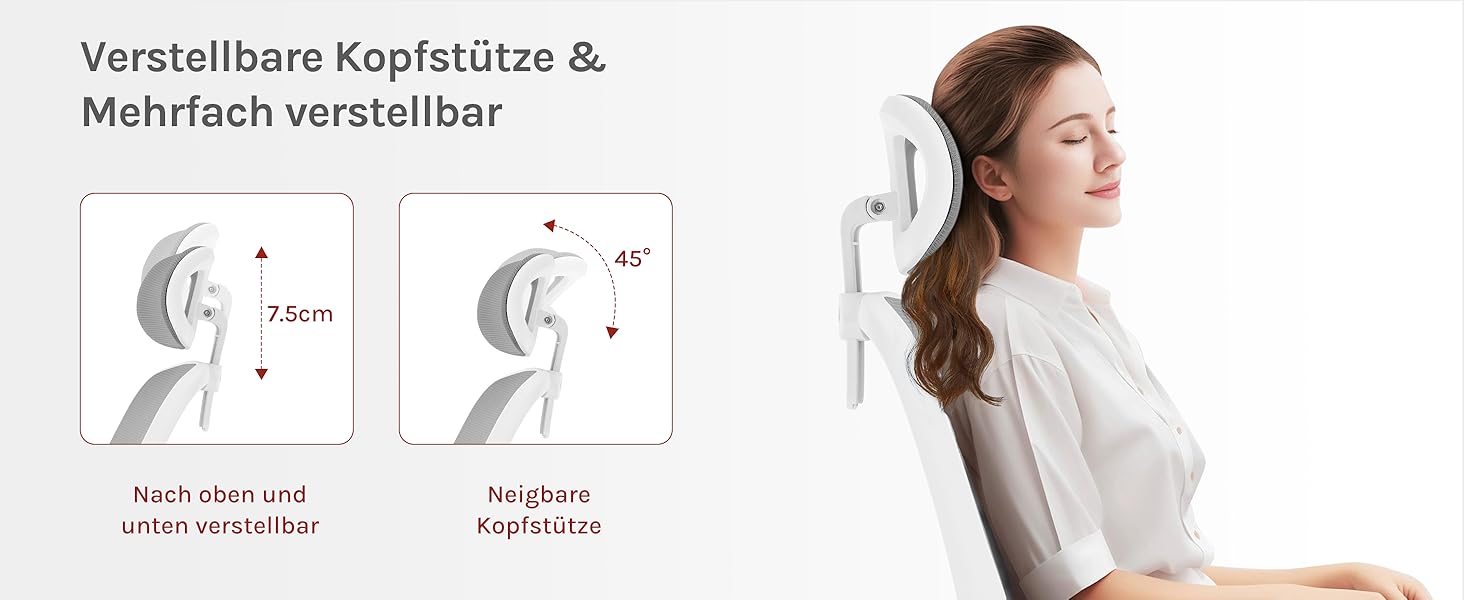 Офісний стілець WOLTU ергономічний з регульованою підголівником та підтримкою попереку, функцією гойдання, для офісу, 150 кг, світло-сірий