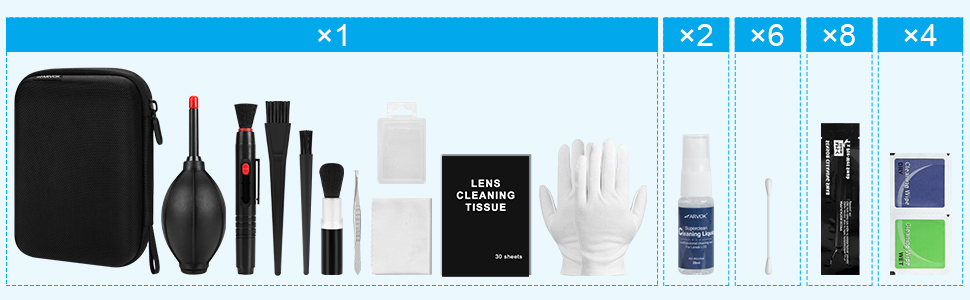 Набір для чищення камери ARVOK: 32 шт. для об'єктивів DSLR, смартфонів, з блоком продування, паличкою та стікером. Вологостійкий комплект.