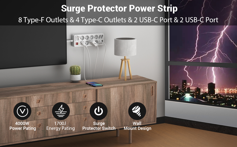 Мережевий фільтр 12-разовий з USB-C, перенапруження до 1700 Дж, з вимикачем, 4 USB-порти, 10 розеток, чорний, для кріплення на стіну, 1,5 м