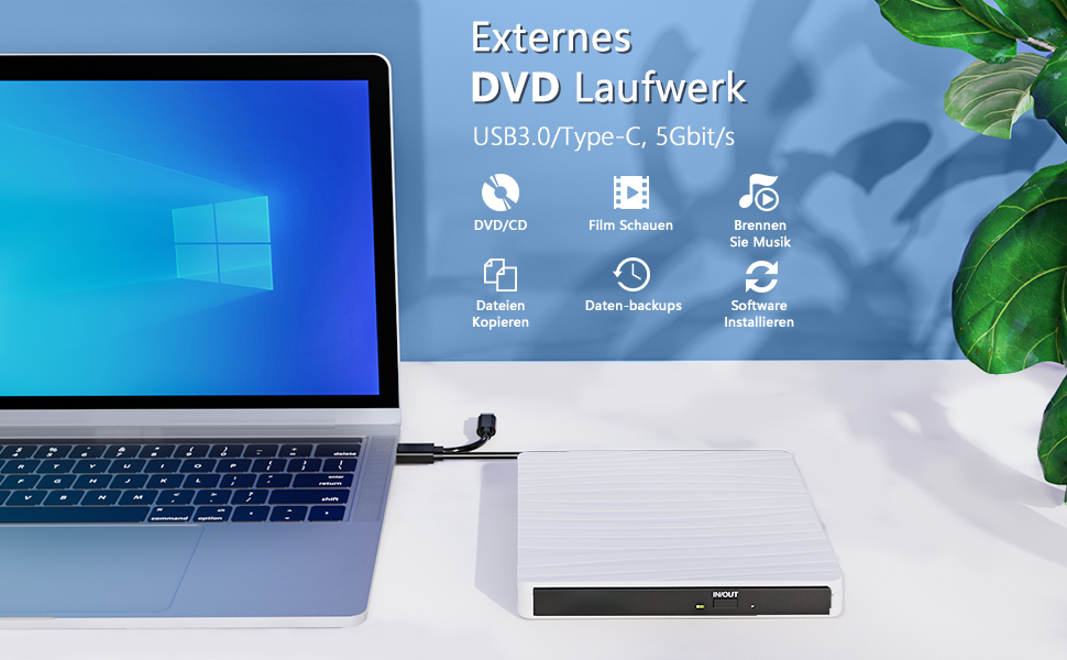 Зовнішній DVD-привід USB 3.0 та Type-C, портативний CD/DVD+/-RW записувач для ноутбука, ПК, MacBook, Windows, MacOS, Linux (Білий)