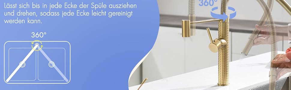 Сучасний кухонний змішувач AIMADI з висувною лійкою та 360° поворотом, чорний/рожеве золото, з двома виходами, для високого тиску