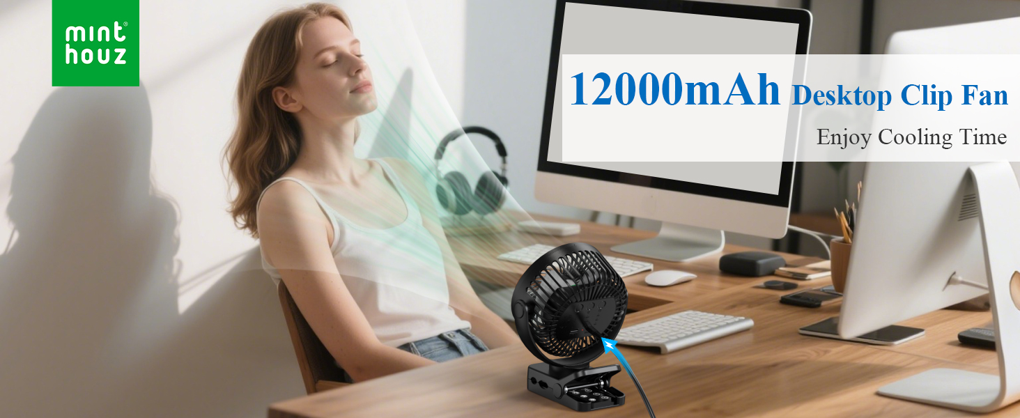 USB вентилятор настільний Minthouz тихий з акумулятором 12000mAh, портативний, з пульт, світло, таймер, 360° обертання, 3 режими, 45 годин роботи – для кемпінгу, офісу, дитячої коляски