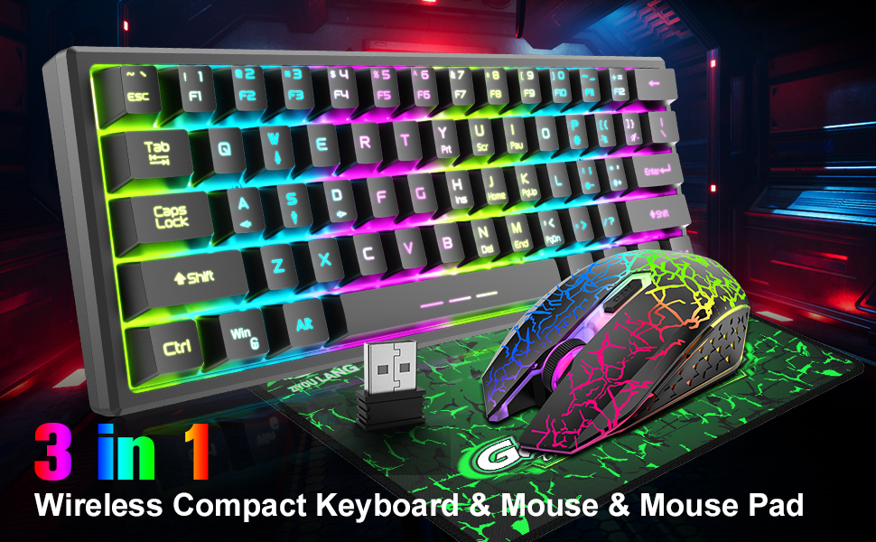 Kabellos Gaming Tastatur und Maus Combo Set: Бездротова ігрова клавіатура та миша, 2.4 GHz, 3800 mAh, тиха, 61 клавіша, компактна, Rainbow LED підсвічування, 2400 DPI, 6 кнопок, чорний