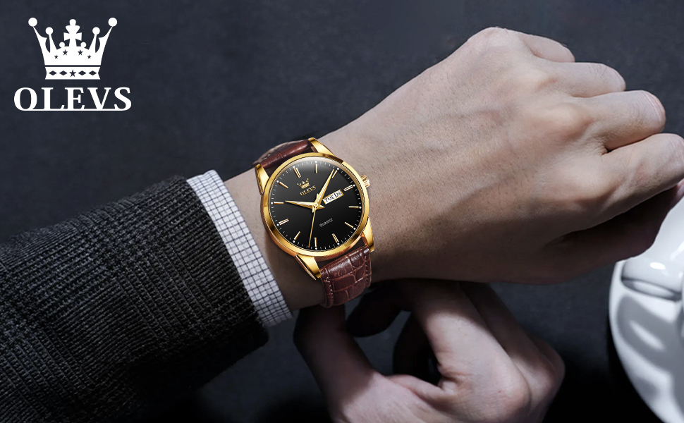 Чоловічий годинник OLEVS з нержавіючої сталі, кварцовий аналоговий годинник, класичний діловий годинник, водонепроникний, з підсвічуванням, з датою, на шкіряному ремінці, чорний циферблат, коричневий ремінь