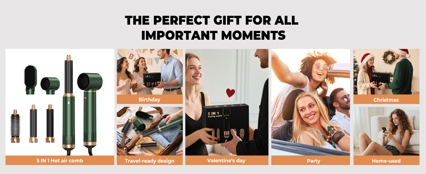 Набір для укладки волосся 5 в 1, фен-щітка, плойка для локонів, термощітка, фен для об'єму, випрямлення, сушіння, зелений, золотий