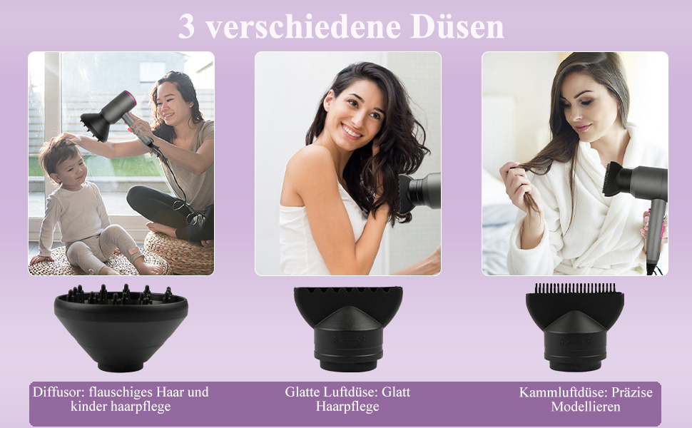 Іонний фен Faszin з AC-двигуном: професійний, 2 швидкості, 3 режими нагріву, кнопка холодного повітря, насадки-дифузор та концентратори (сірий)