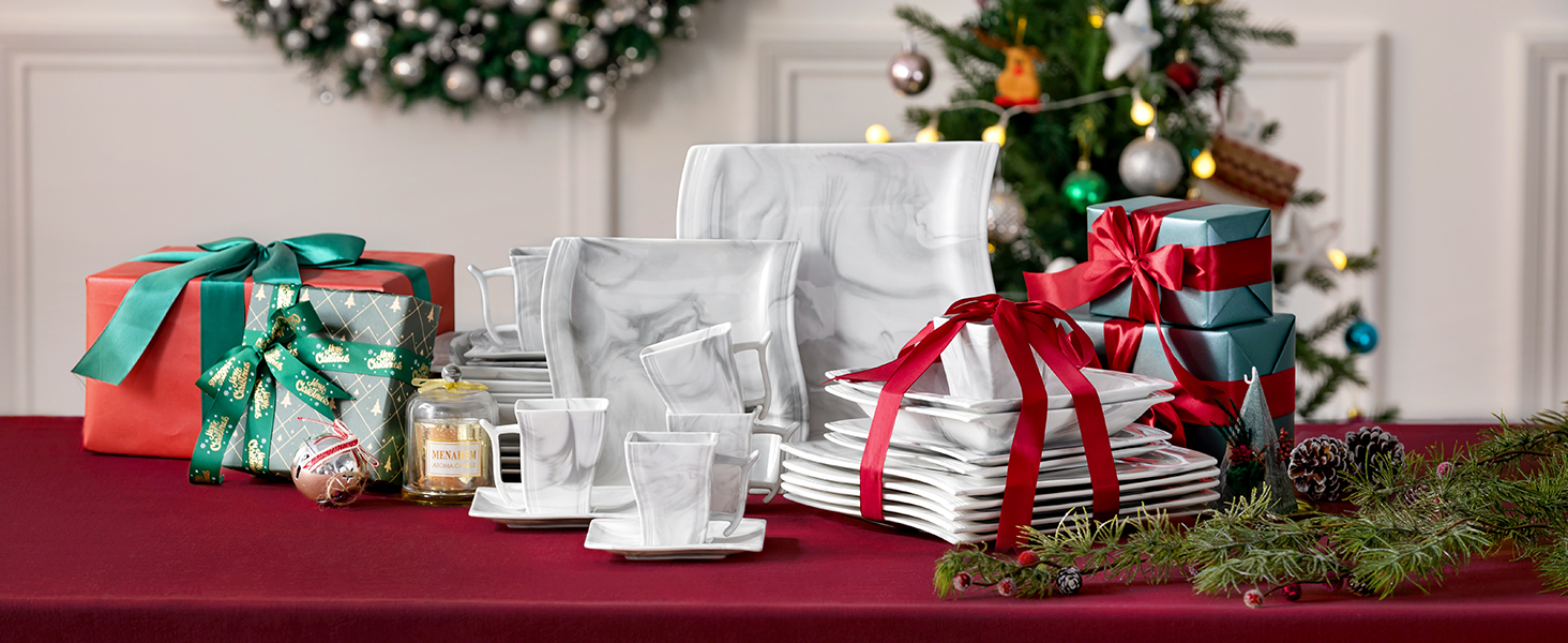 MALACASA Flora 30-Piece Marble Porcelain Dinnerware Set - Grey
