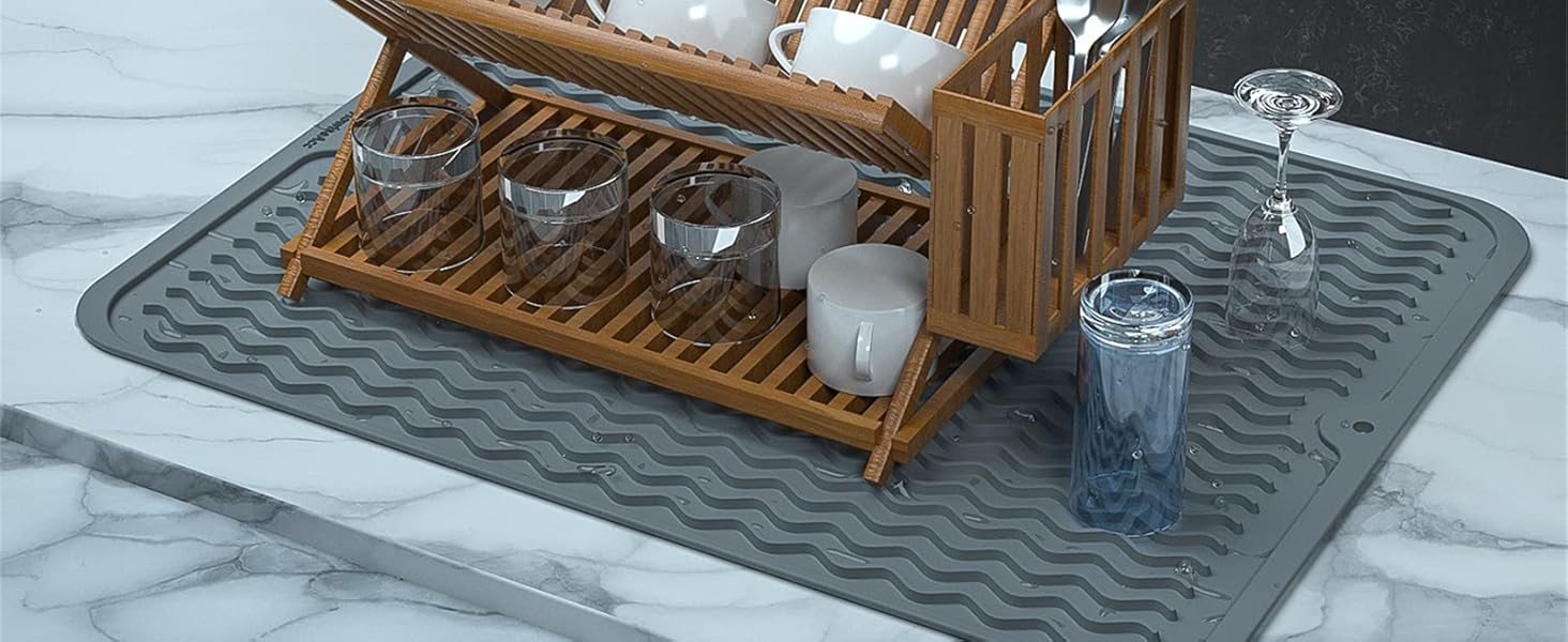 Силиконова підставка для посуду - 50 x 40 см. Без BPA, стійка до нагріву, не слизька. Підставка для сушіння посуду, чорна.