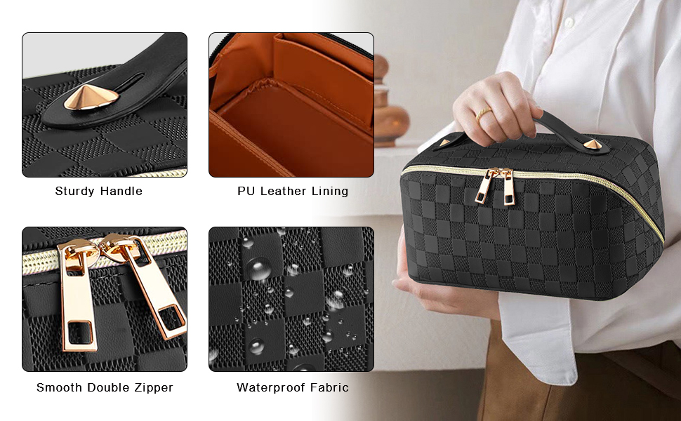 Косметичка для подорожей жіноча, велика містка, з PU шкіри, органайзер для макіяжу, культбагаж, косметичка для подорожей, аксесуари для подорожей, чорно-біла в клітинку
