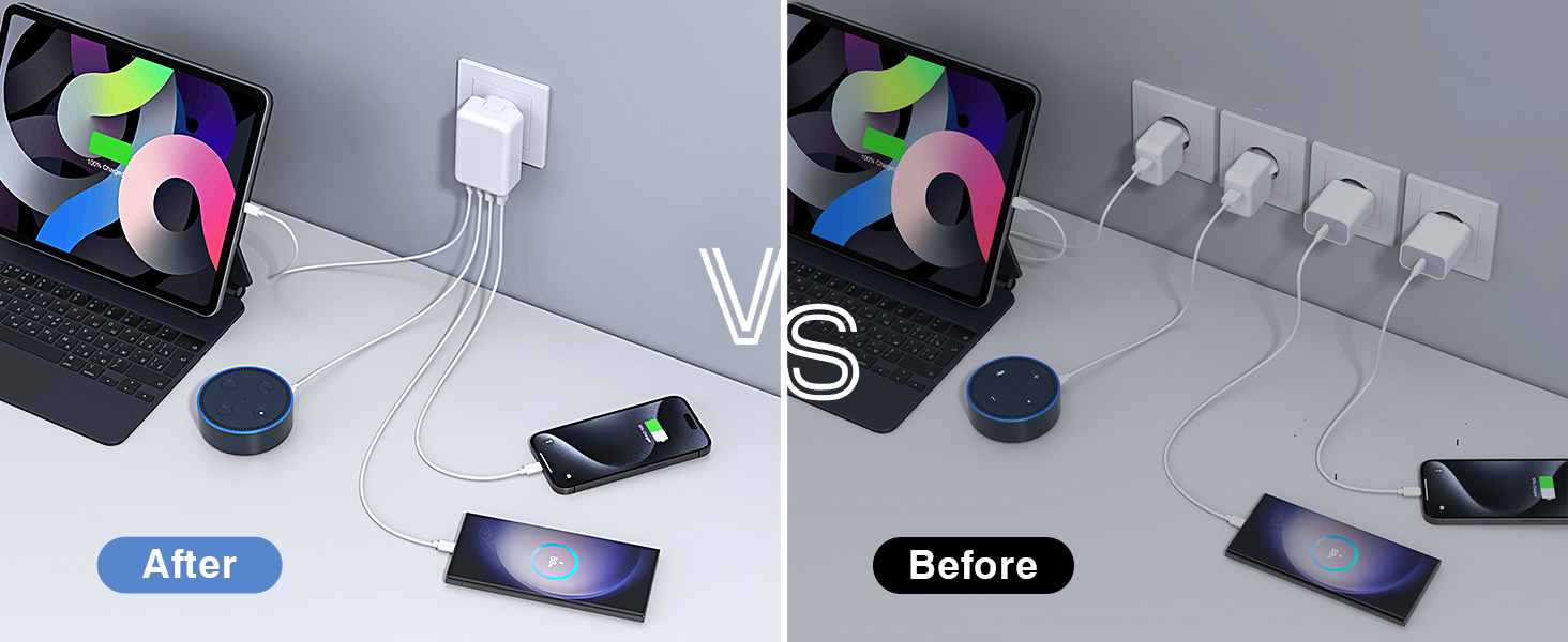 Зарядний пристрій USB-C 65W з 3 портами, кабель 2м, для MacBook, iPhone, Switch, Galaxy, Tablet, Laptop
