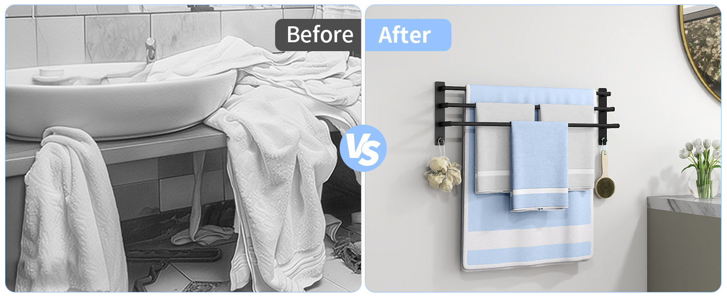 Тримач для рушників 80 см без свердління, чорний, з 3 стержнями, з нержавіючої сталі, з 2 гачками