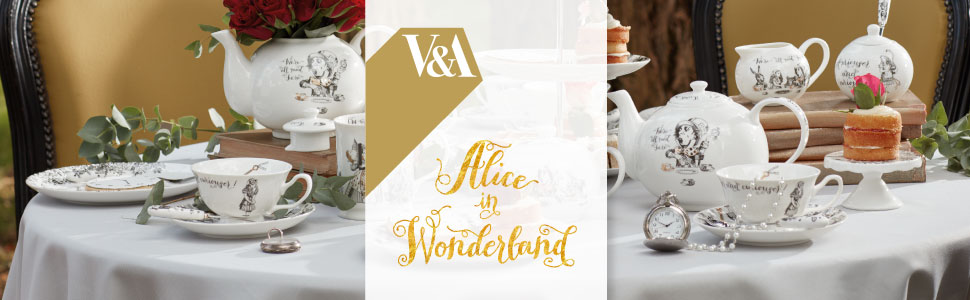 Керамічний чайник V&A Аліса в Країні Див, білий, 450 мл, з кришкою, декорований — для чаю, води, сервірування