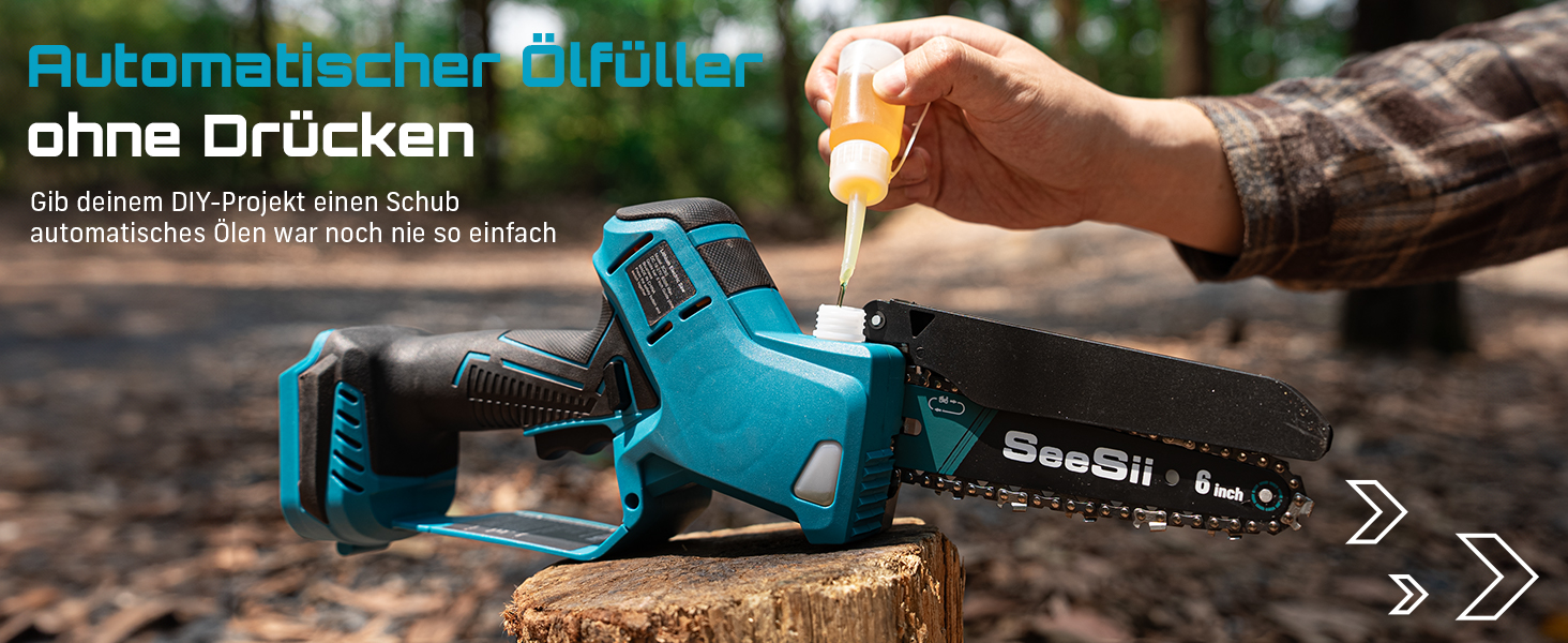 SEESII Безщіткова міні-бензопила 6 дюймів, акумуляторна ручна пила з 2 * 4000 mAh акумуляторами, одноручна пила з автоматичним змащуванням, сумісна з акумулятором Makita 18V, електрична пила для дерева, гілок 6 дюймів безщіткова