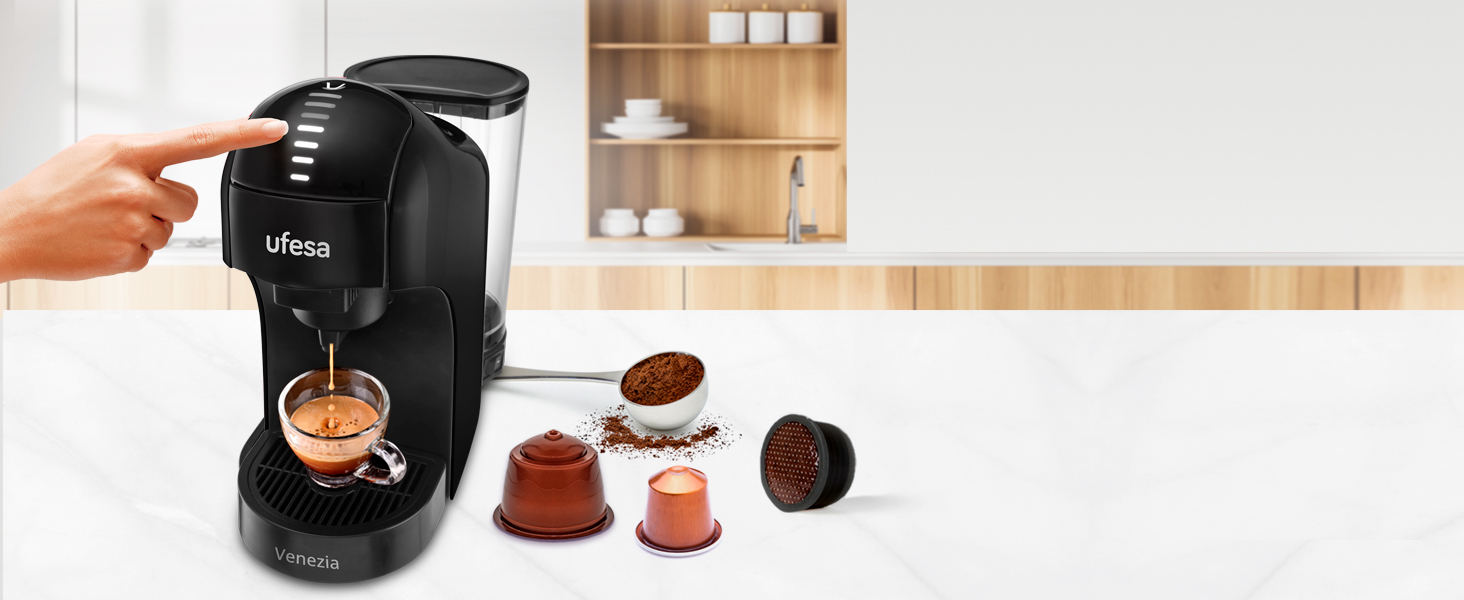 Кавоварка Ufesa Bellagio 3-в-1 для капсул Nespresso, Dolce Gusto та меленої кави, сенсорна панель, 1 л, 1400 Вт, 15 бар, чорна
