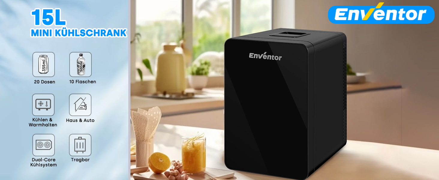 Міні-холодильник Enventor 15 літрів: для косметики, ігор, авто. Нагрів/Охолодження, тихий, портативний, чорний