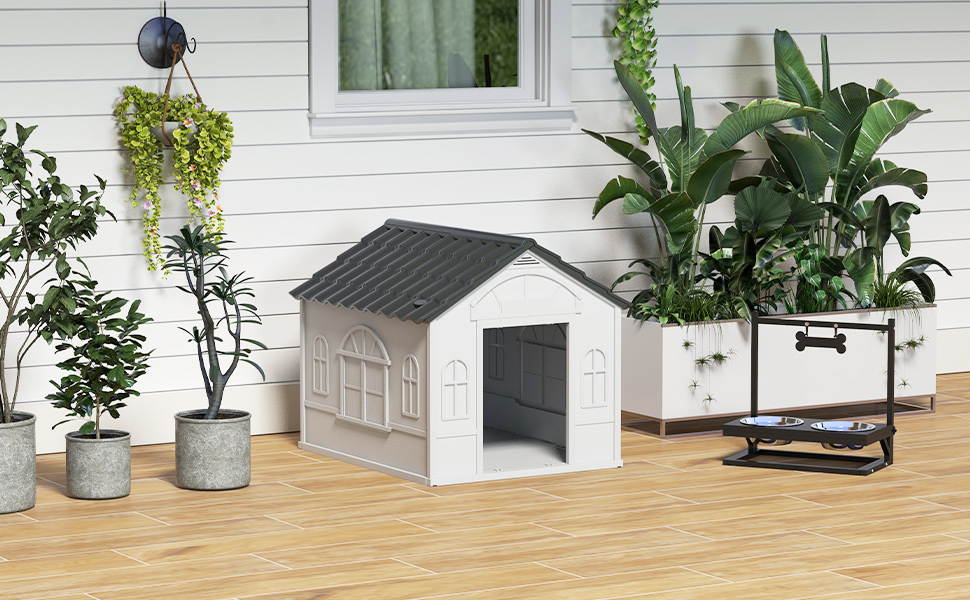 PawHut Dog House with Gable Roof - Weatherproof Outdoor Dog Shelter for Medium Dogs (Up to 20kg) - Grey