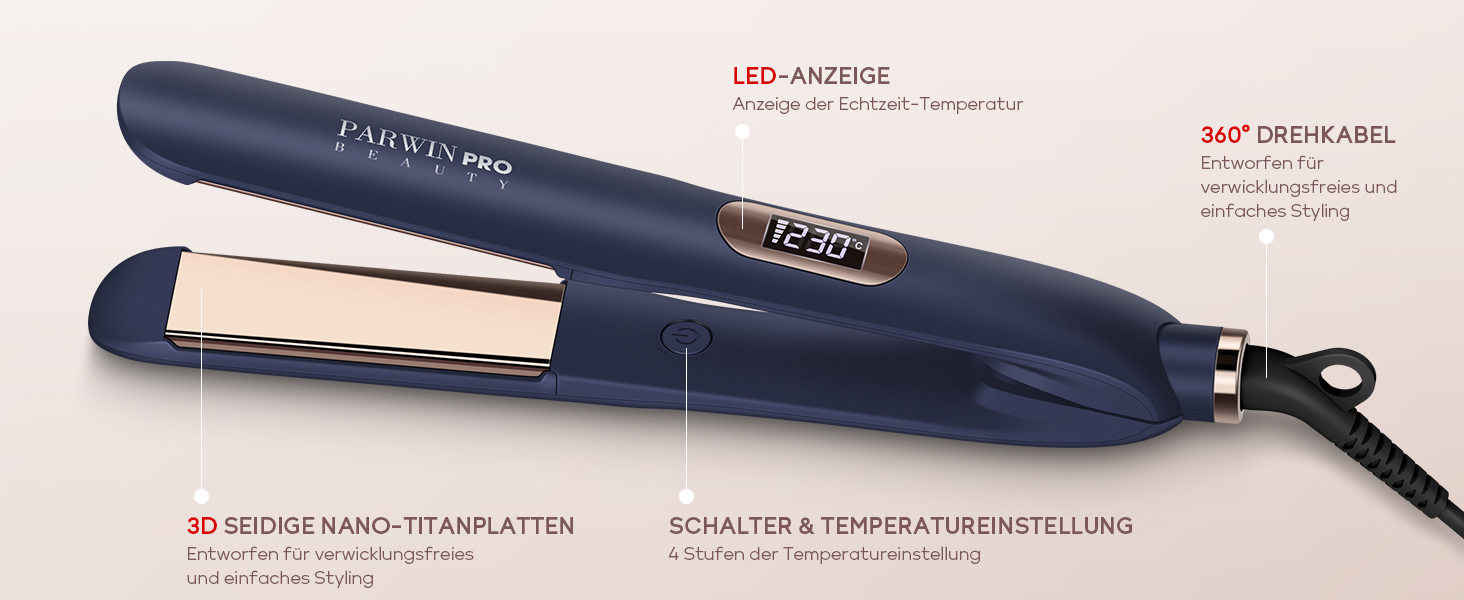 Випрямляч для волосся PARWIN PRO BEAUTY 2-в-1 з насадкою для локонів, іонізація, титанове покриття, LCD дисплей, 130°C-230°C