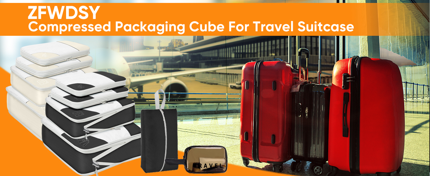 Набір кубиків для пакування 10 шт. Компресійні органайзери для валізи. Кольори: бежевий + чорний. Організація багажу в подорожі, розширені кишені для одягу