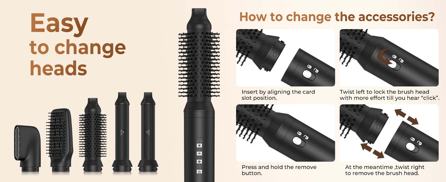 Набір для укладки волосся 6 в 1: фен-щітка, плойка, випрямляч, термощітка, фен, для всіх типів волосся (Чорний)