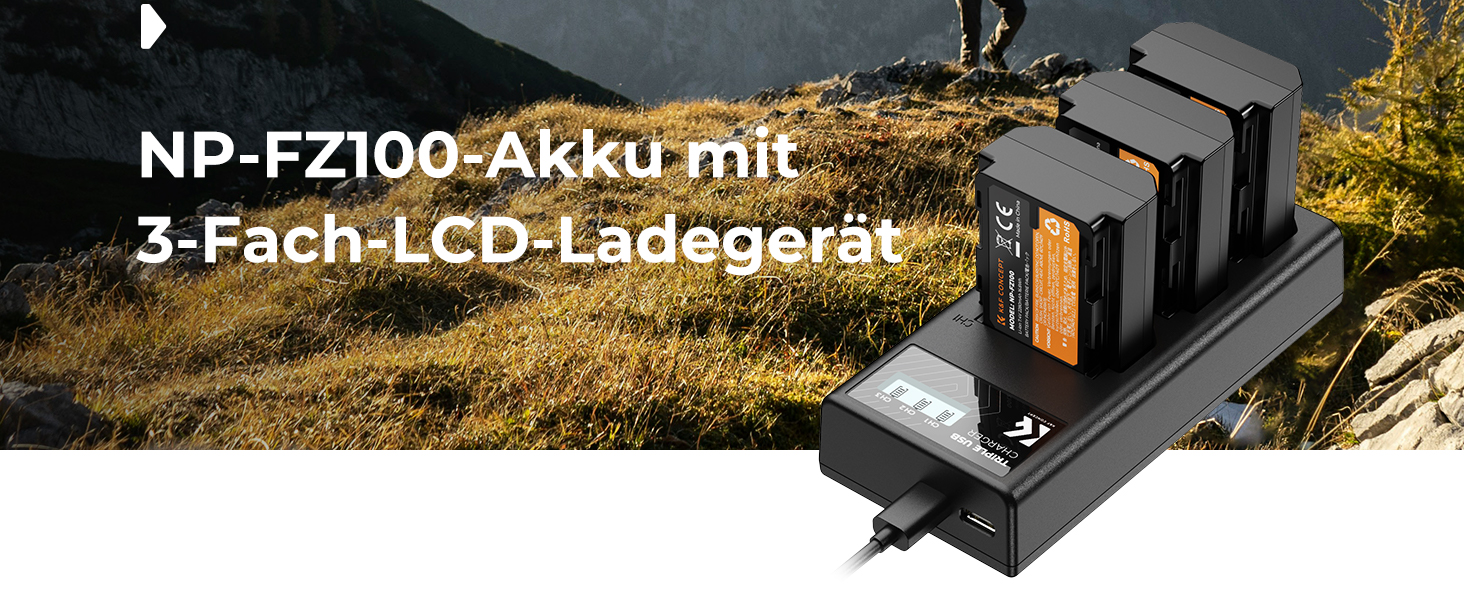 Акумулятор K&F Concept NP-FZ100 (3 шт) з зарядним пристроєм на 3 слоти, 2280mAh для Sony Alpha A7III, A7IV, A7R III/A7R3, A7RIV, A7RV, A7C, A7S III/A7S3, A9, A9II, A6600, A9R, FX3, FX30