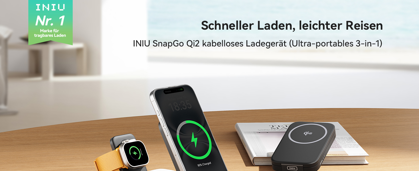 Станція зарядки INIU для iPhone 3 в 1, 15W, Qi2, магнітна, складна, MagSafe, для Apple Watch, iPhone 17/16/15/14/13/12, AirPods (з адаптером), чорна