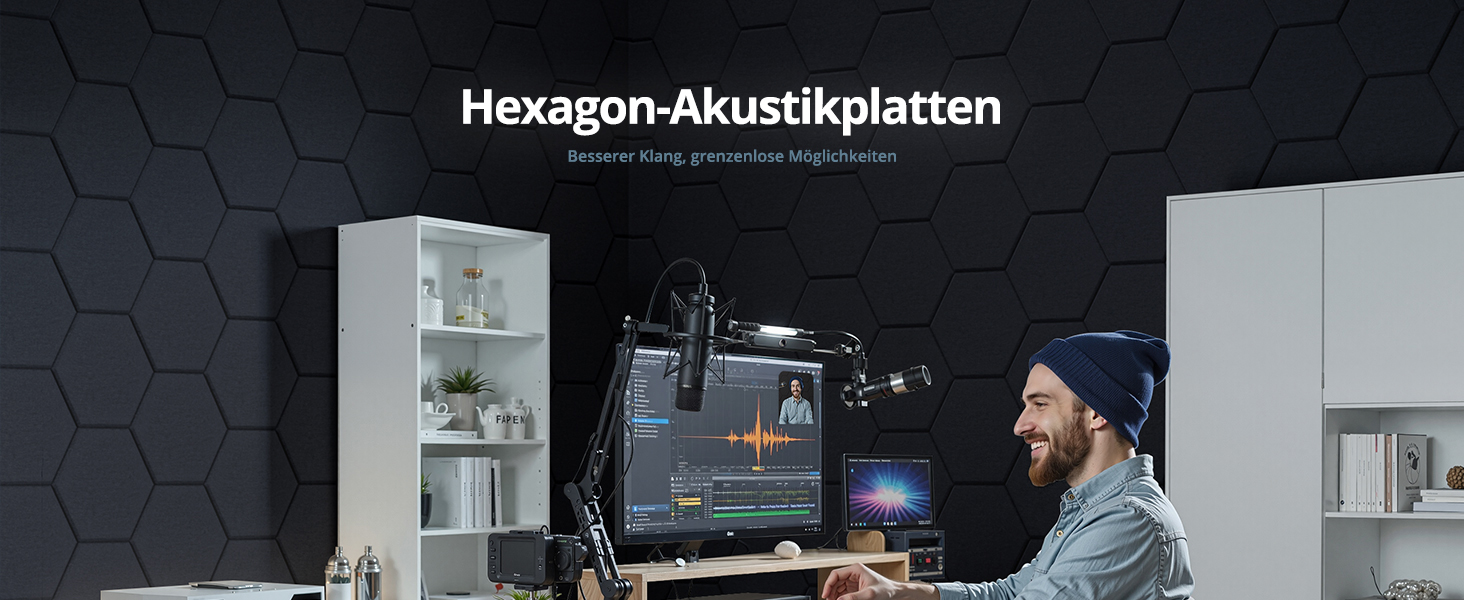 Акустичні гексагональні панелі самоклеючі, 12 шт. Поглинач звуку для студії, вітальні, геймерської зони та офісу, чорні, 30 x 26 x 0,9 см