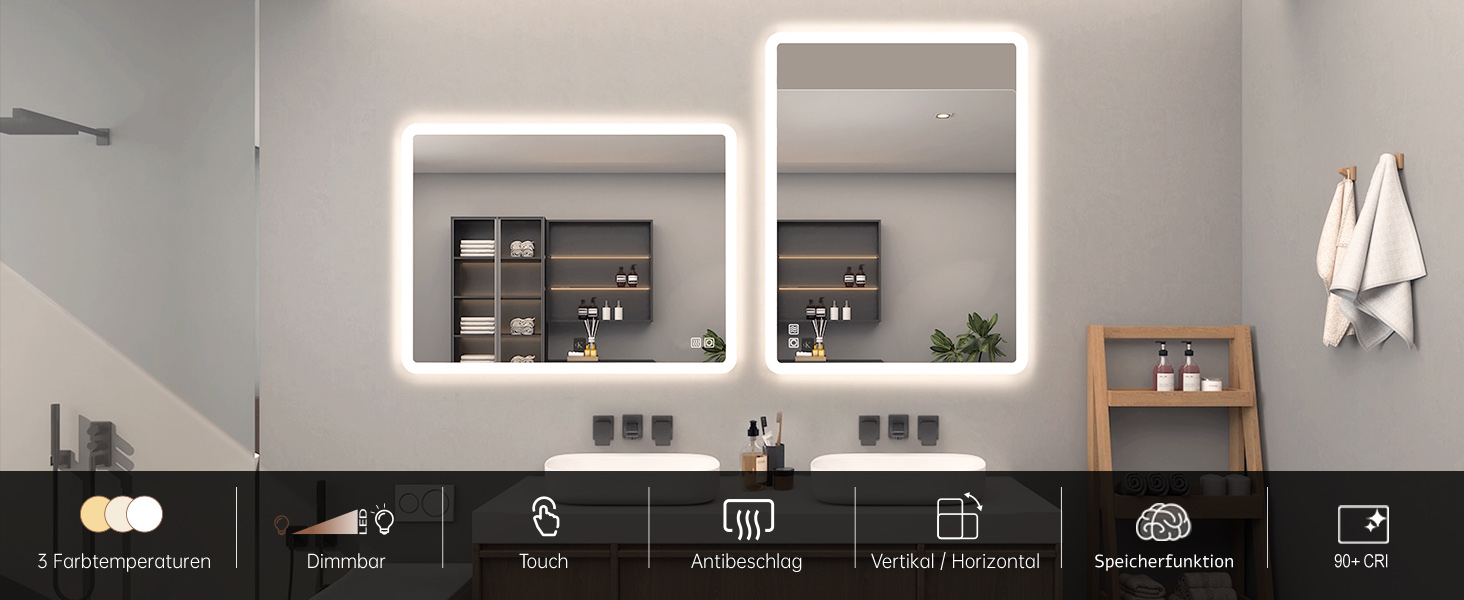 Дзеркало для ванної кімнати LISA LED 70x50 см з підсвічуванням, сенсорне регулювання, антизапар, 3 кольори світла, для ванної, туалету, коридору