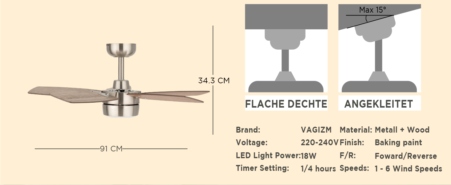 Стеляний вентилятор для маленьких кімнат: сучасний вентилятор з регульованим освітленням та дистанційним керуванням – реверсивний, тихий з 6 швидкостями для маленьких спалень - 230V (Бурштяне нікель+волоське дерево-007, 91 см)