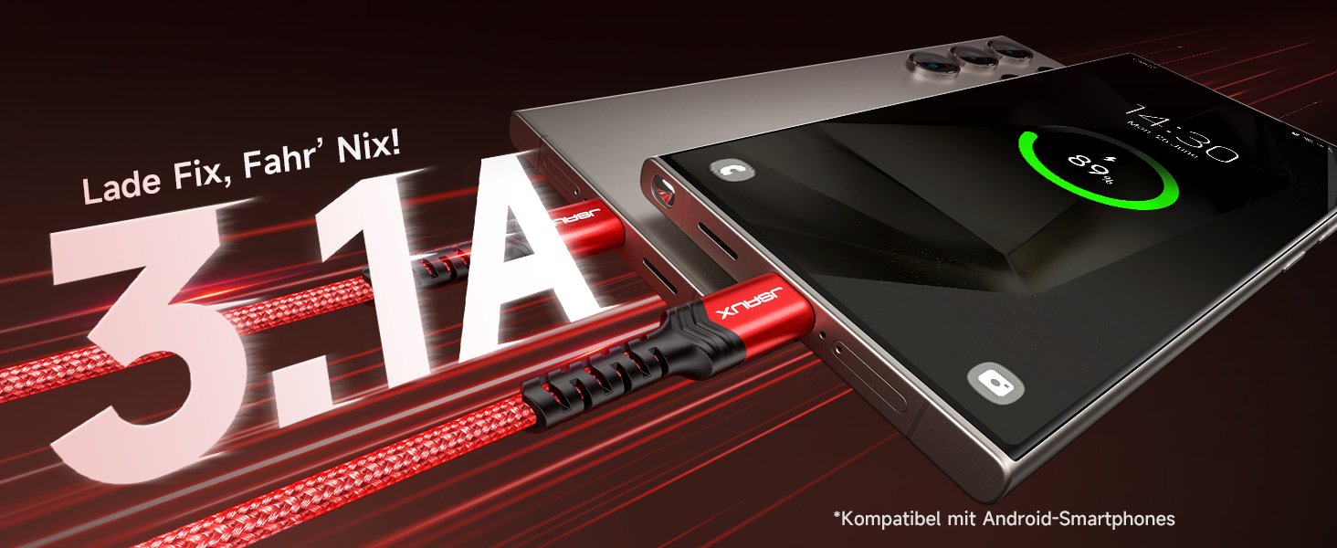 Кабель USB-C JSAUX 3.1A (2 шт. по 2м), 2 шт., червоний, для Samsung Galaxy, iPhone, PS5, CarPlay, нейлон, швидка зарядка