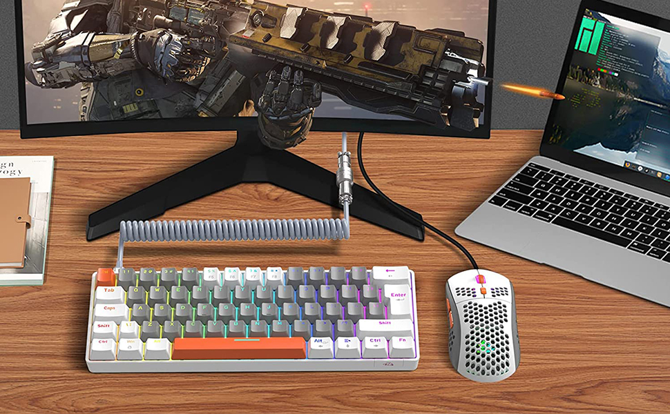 ZIYOU LANG Комплект ігрової клавіатури та миші з USB-C кабелем T60 Pro - 60% механічна клавіатура UK Layout (QWERTY), миша 6400DPI RGB, для PC/Mac