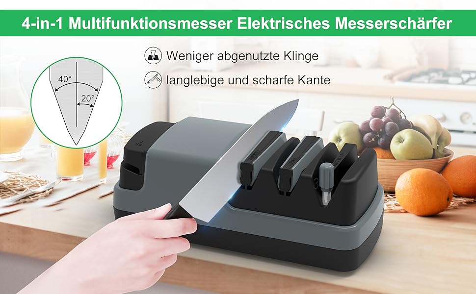 Електричний точило для ножів 4-в-1: прямі, зубчасті, керамічні ножі та ножиці, сірий колір